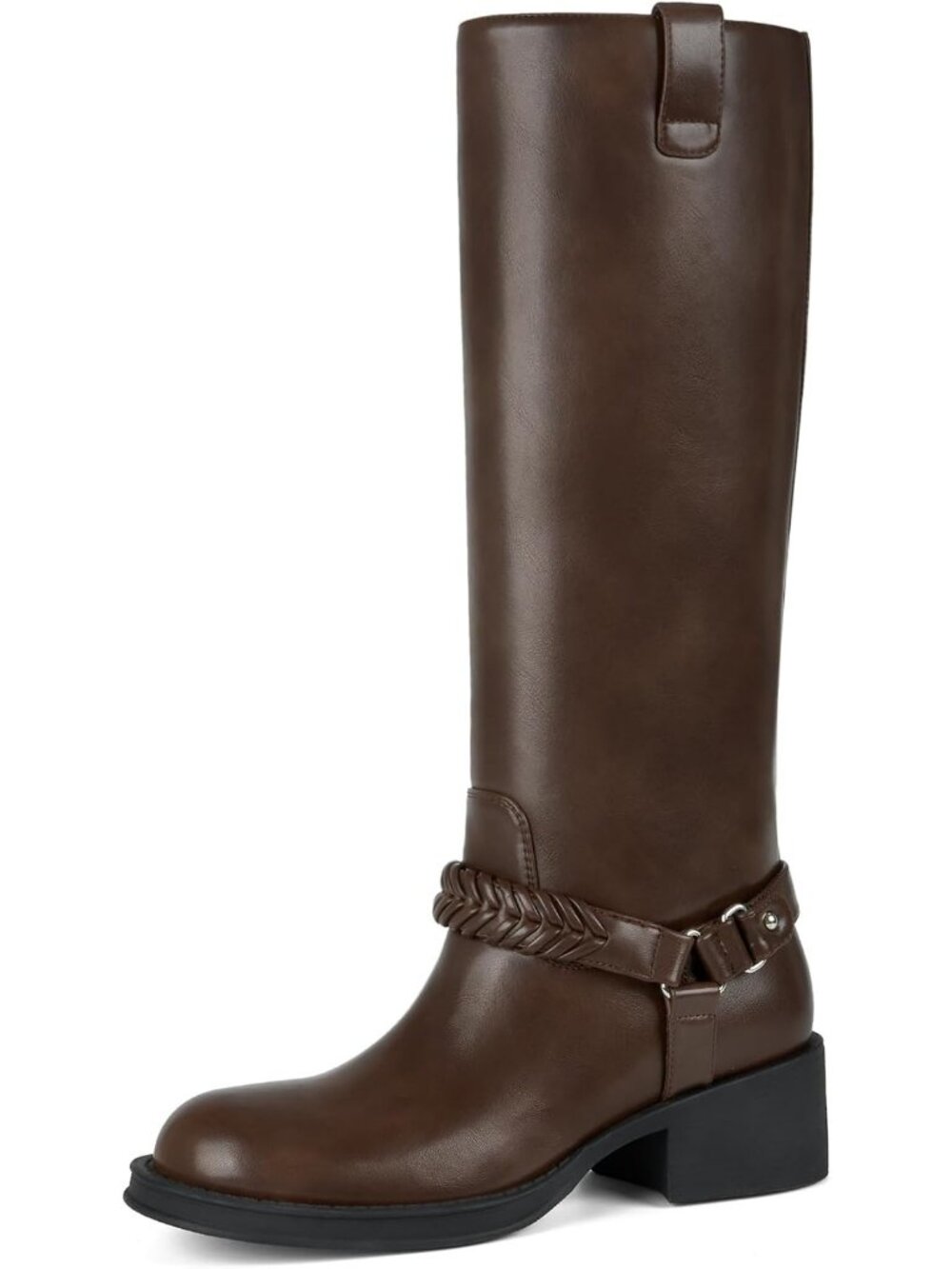 Women's Coffee Comfortable Chunky Block Braided Strap Low Heel Knee High Boots